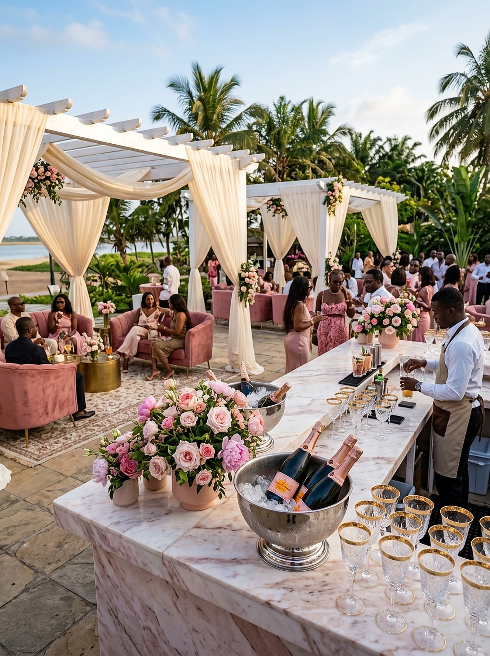 Bar à champagne rosé d'exception et salon lounge VIP sous pergolas