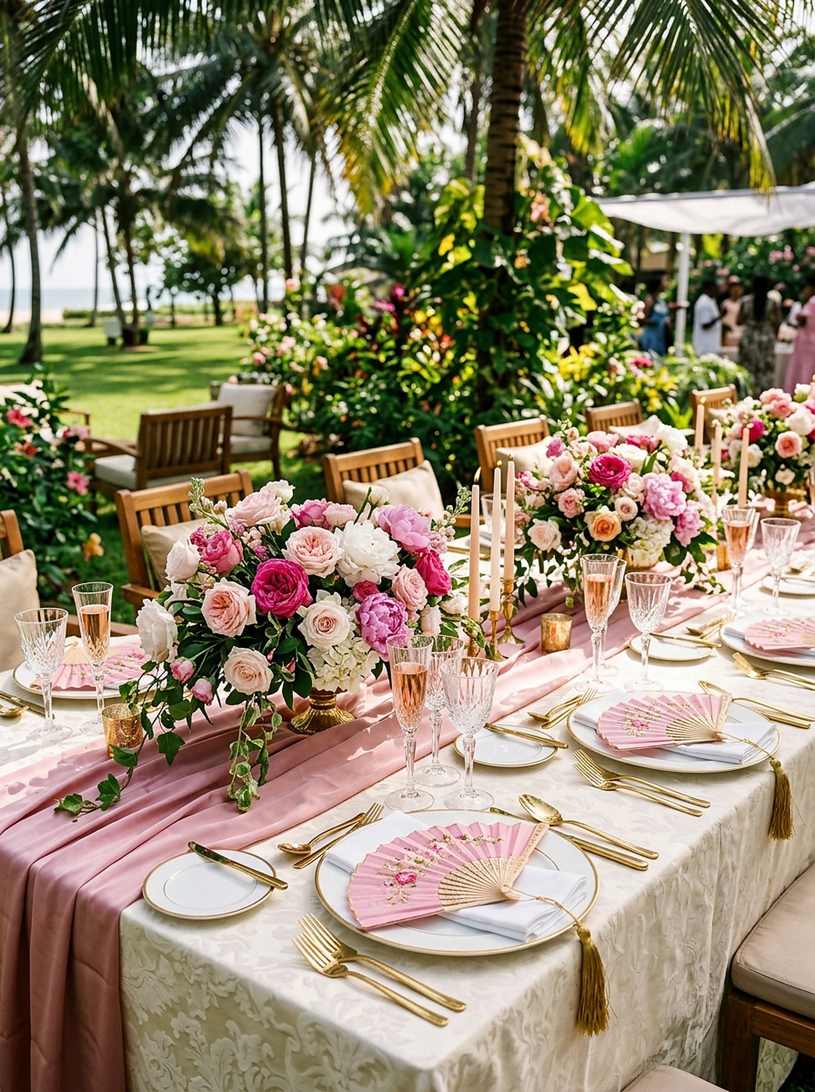Table de banquet raffinée, vaisselle dorée et éventails roses, Pink Brunch